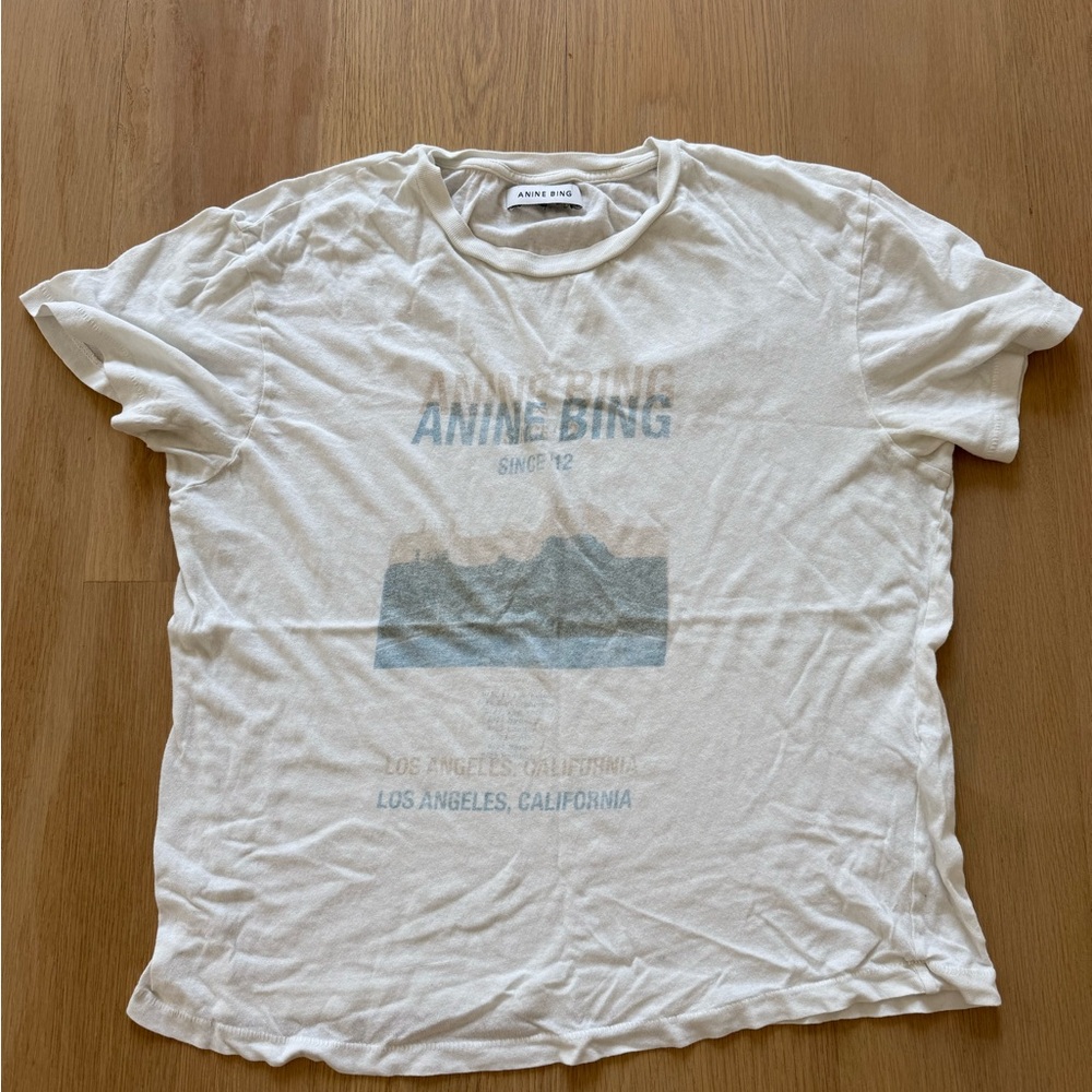 Anine Bing White Short Sleeve Graphic Tee with Faded Blue Print